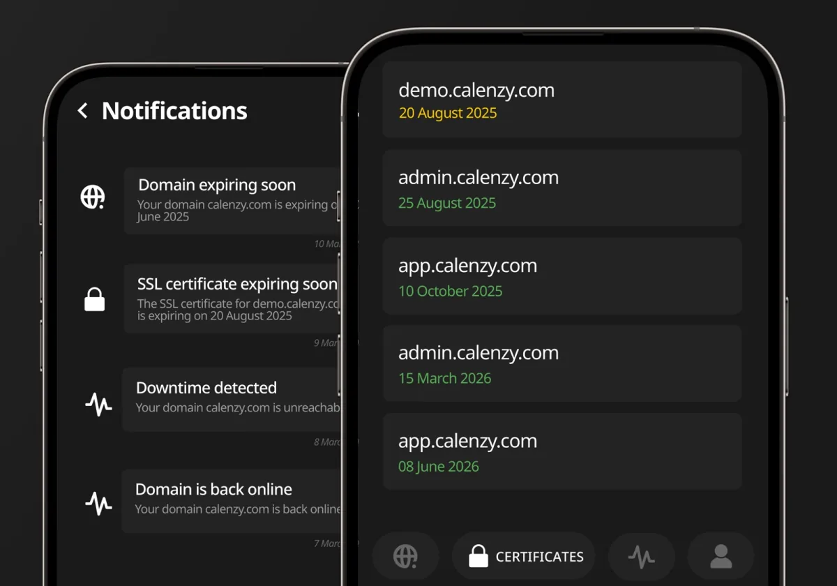 Uptime app notification history and SSL certificate list